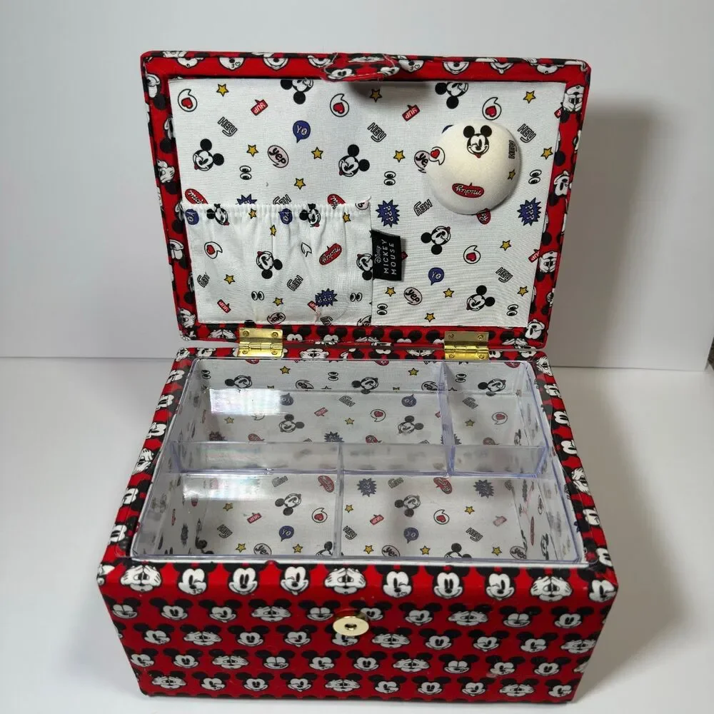 Disney Mickey Mouse Fabric Sewing Basket Box Organizer Handle Red Black Storage